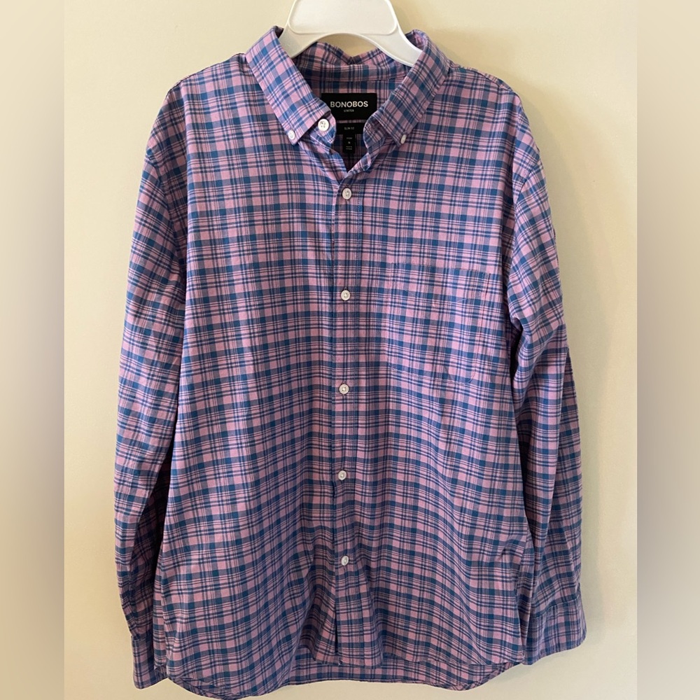 Bonobos Men's Blue and Pink Plaid Shirt
